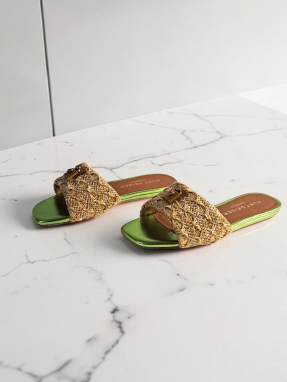 Kurt Geiger London Brixton Lock Metallic Green Slide Sandals Sz. 5 NWB See Disc.